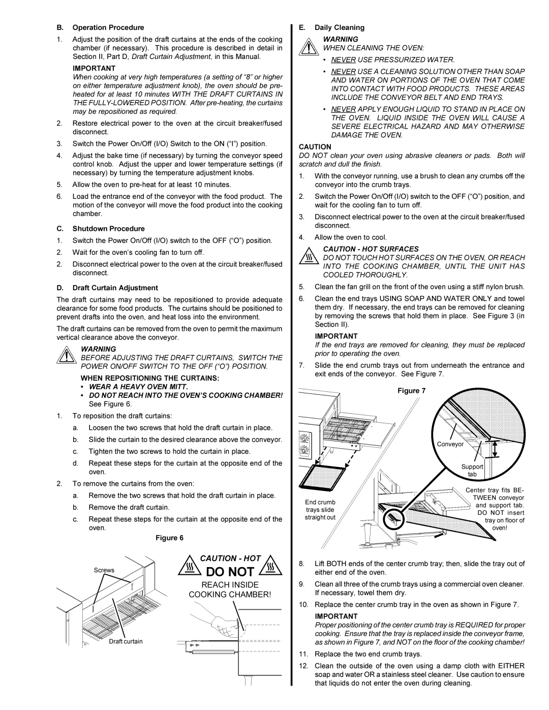 Toastmaster TC2000 installation manual Operation Procedure, Shutdown Procedure, Draft Curtain Adjustment, Daily Cleaning 