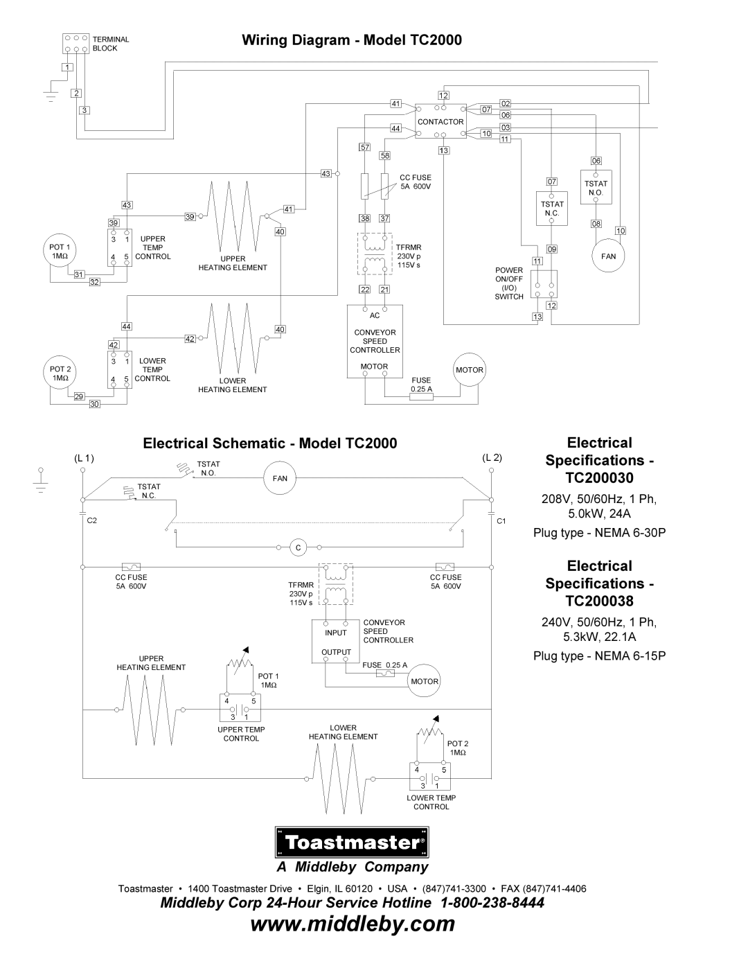 Toastmaster TC2000 installation manual Middleby Corp 24-Hour Service Hotline 