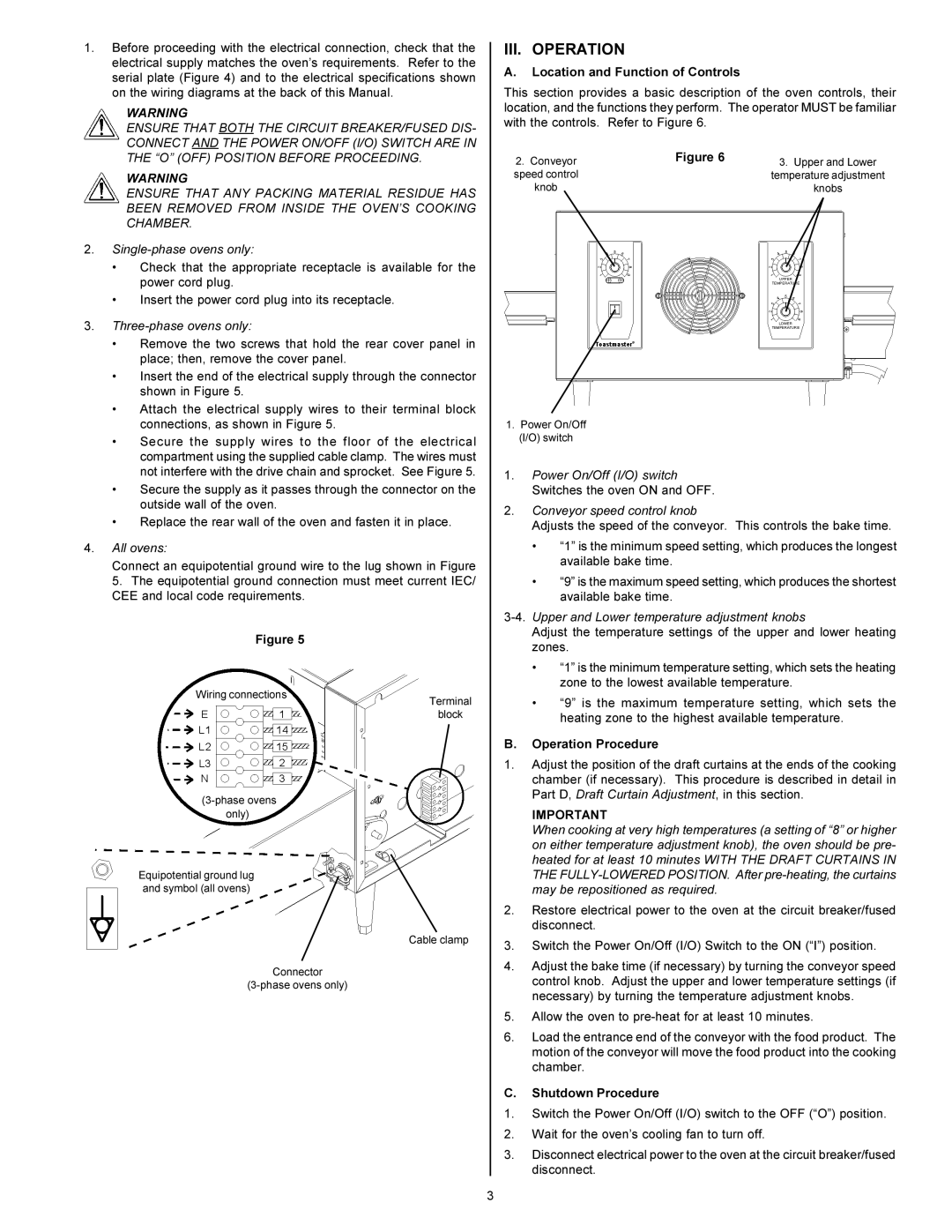 Toastmaster TC2000 III. Operation, Location and Function of Controls, Operation Procedure, Shutdown Procedure 