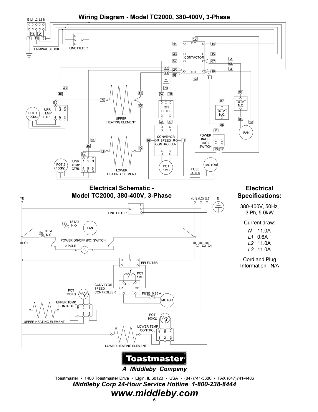 Toastmaster Wiring Diagram Model TC2000, 380-400V, 3-Phase, Electrical Schematic Model TC2000, 380-400V, 3-Phase 