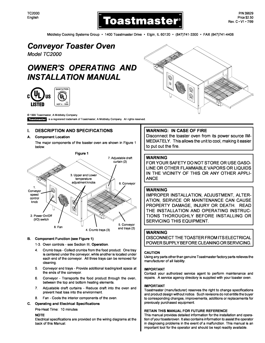 Toastmaster installation manual Conveyor Toaster Oven, Owners Operating And Installation Manual, Model TC2000 