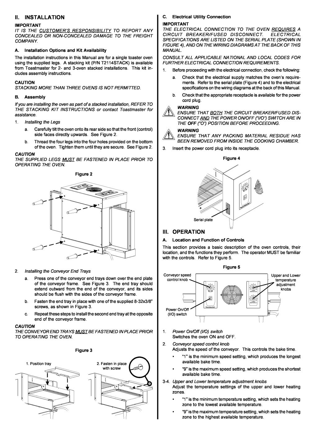 Toastmaster TC2000 Ii. Installation, Iii. Operation, A.Installation Options and Kit Availability, B.Assembly 