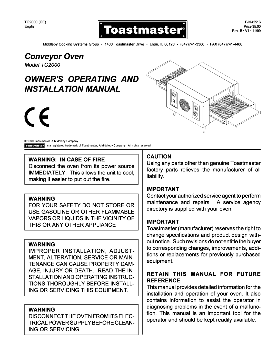 Toastmaster installation manual Conveyor Toaster Oven, Owners Operating And Installation Manual, Model TC2000 