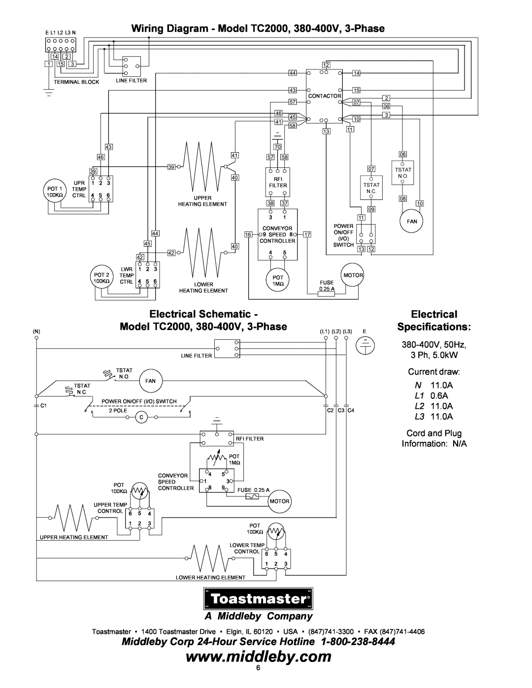 Toastmaster Wiring Diagram - Model TC2000, 380-400V, 3-Phase, Electrical Schematic, Specifications, A Middleby Company 