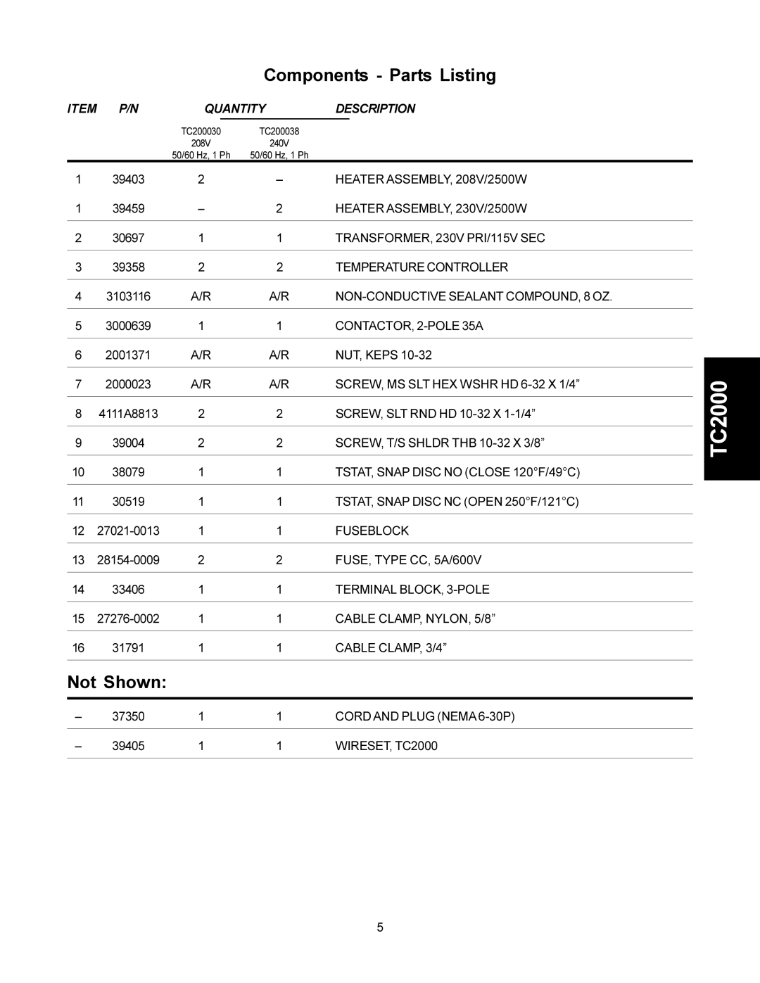 Toastmaster TC200030, TC200038 manual Components Parts Listing, Not Shown 