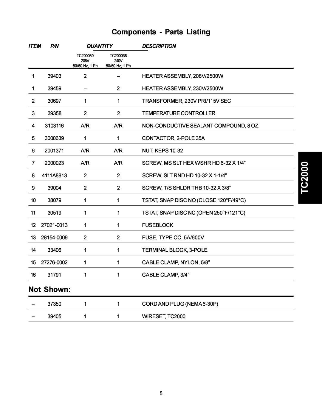 Toastmaster TC200030, TC200038 manual Components - Parts Listing, Not Shown, Quantity, Description 