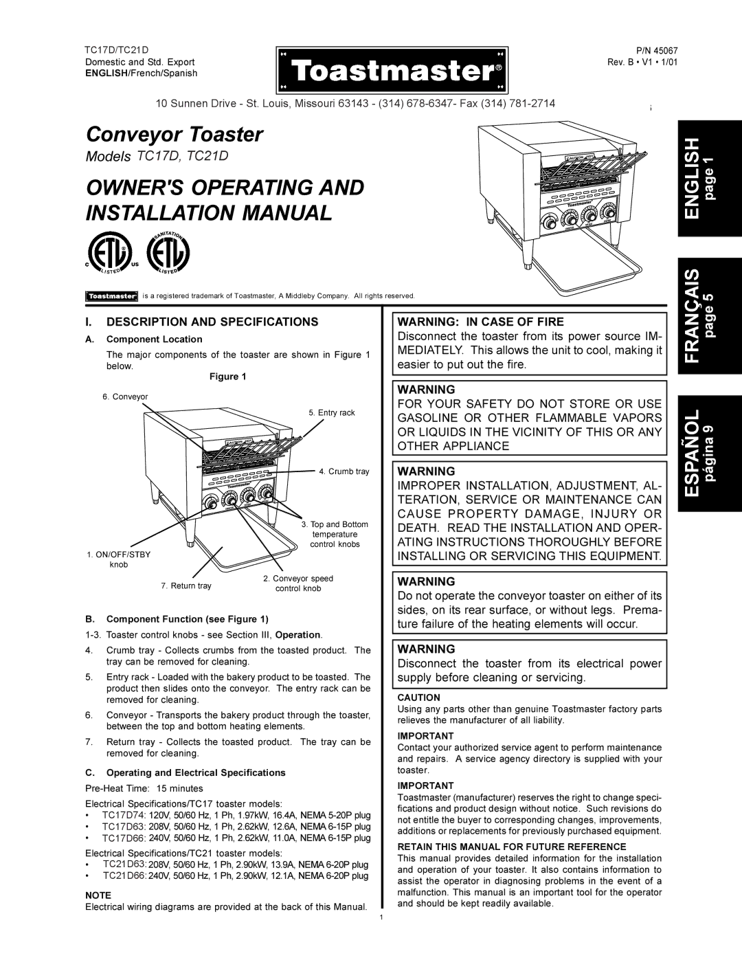 Toastmaster manual TC17D74, TC21D63 TC21D66 
