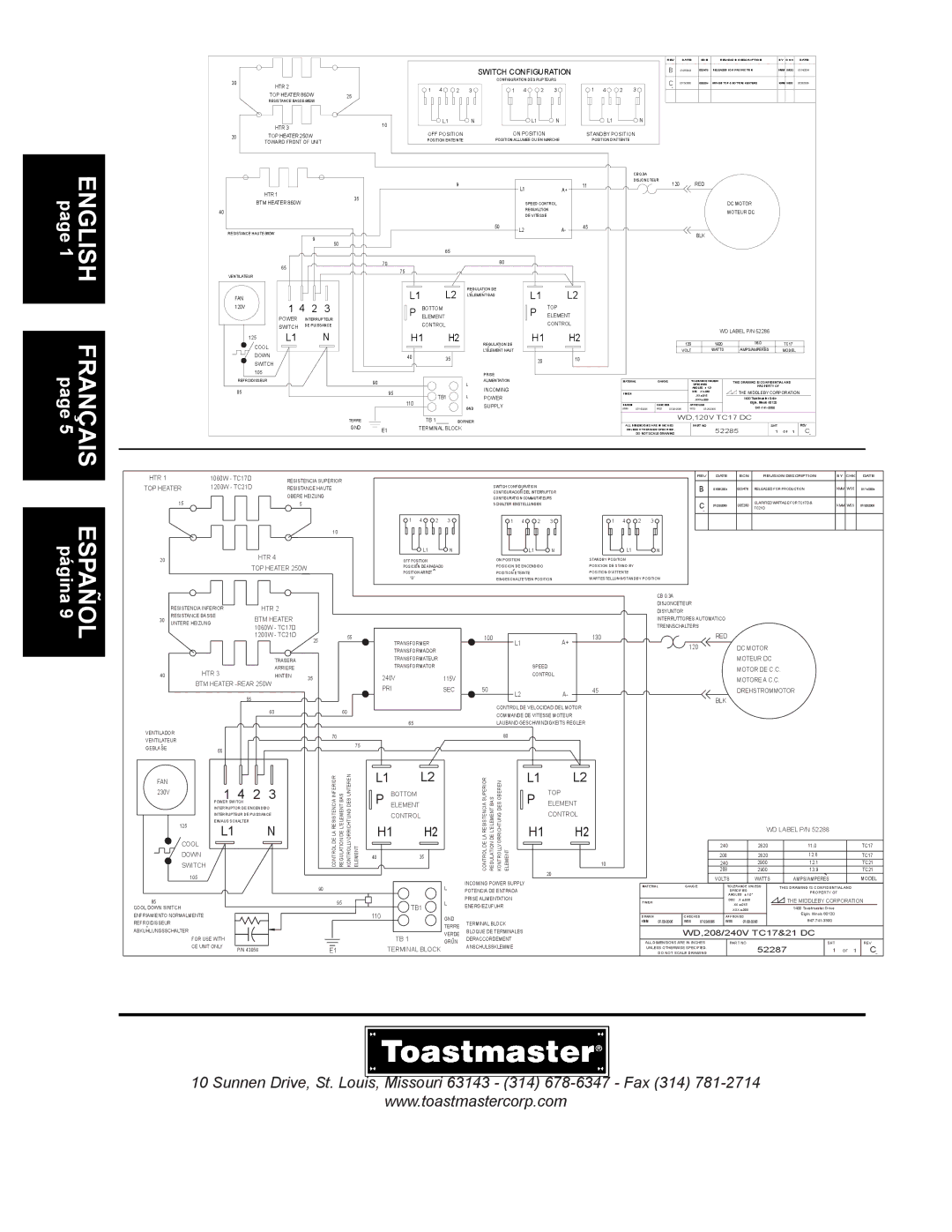Toastmaster TC21D, TC17D manual 120V, WD Label P/N 125, 105, 110 