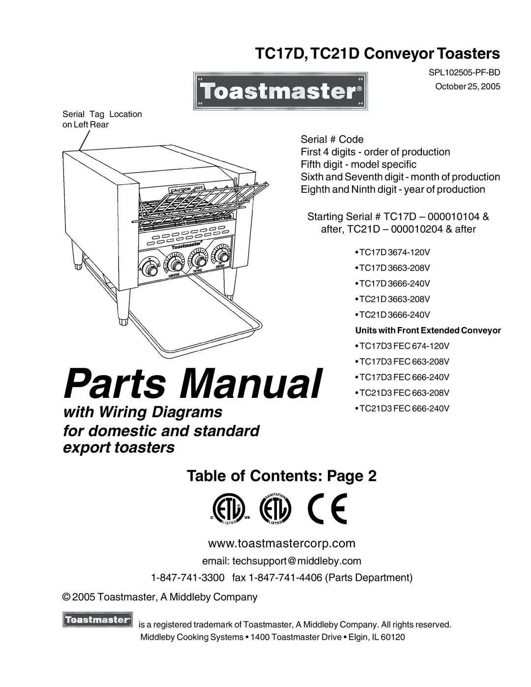 Toastmaster TC21D3663-208V, TC21D3 FEC 663-208V, TC17D3 FEC 666-240V, TC17D3 FEC 663-208V, TC17D3674-120V manual Parts Manual 