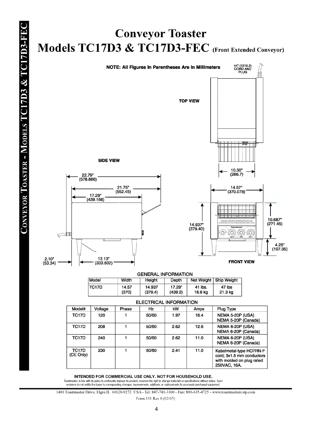 Toastmaster TC17D3674-120V, TC21D3 FEC 663-208V, TC21D3663-208V, TC17D3 FEC 666-240V, TC17D3 FEC 663-208V, TC17D3663-208V manual 