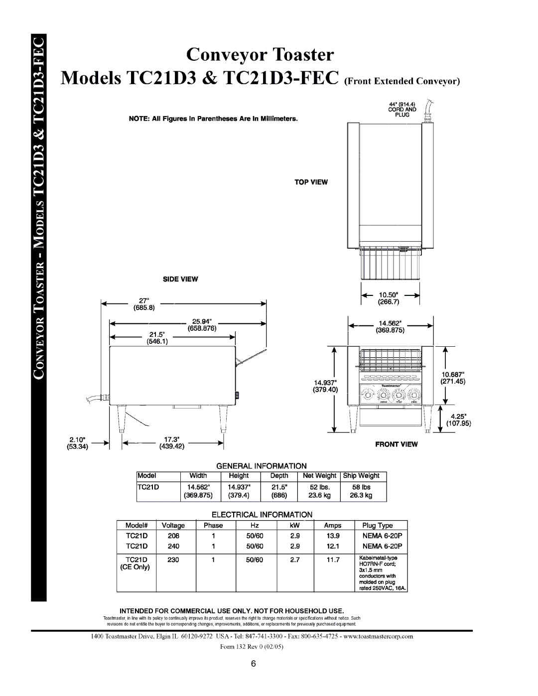 Toastmaster TC21D3666-240V, TC21D3 FEC 663-208V, TC21D3663-208V, TC17D3 FEC 666-240V, TC17D3 FEC 663-208V, TC17D3674-120V manual 