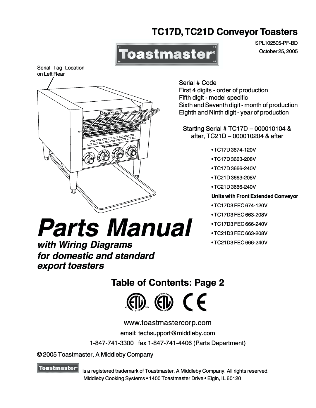 Toastmaster TC21D3663-208V, TC17D3674-120V manual TC17D, TC21D Conveyor Toasters, Table of Contents Page, Parts Manual 