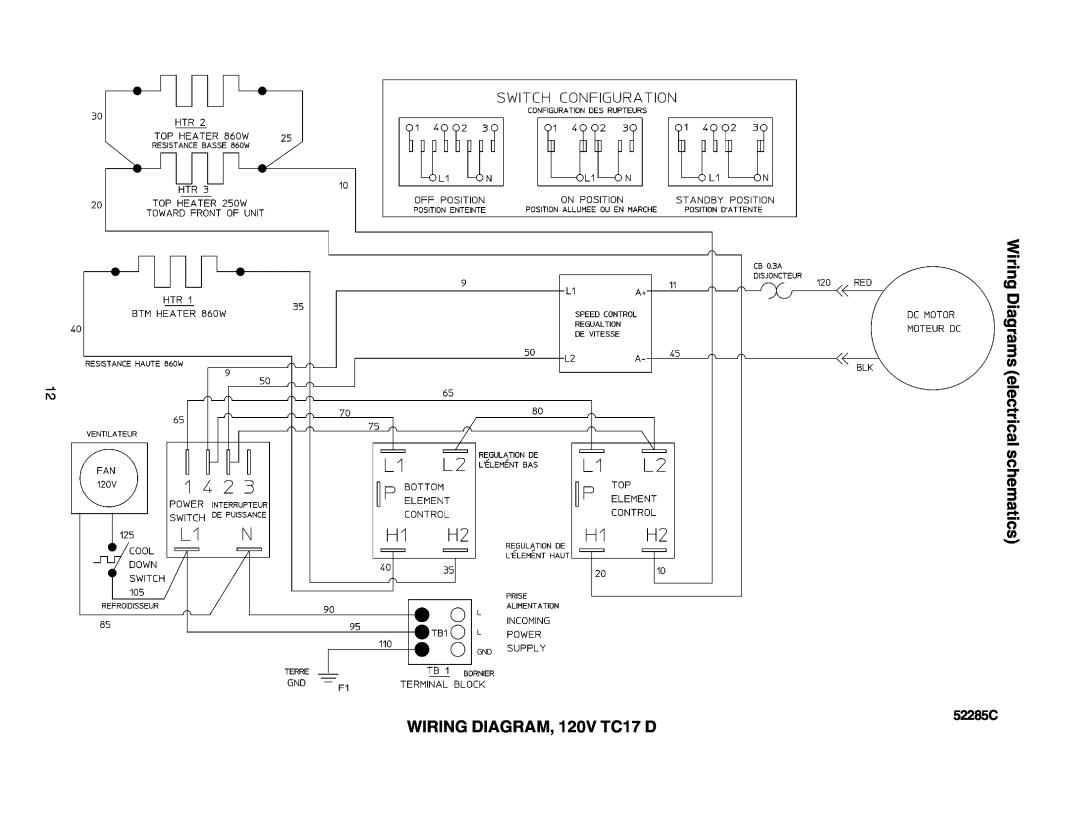 Toastmaster TC17D3 FEC 666-240V manual Wiring Diagrams electrical, WIRING DIAGRAM, 120V TC17 D, schematics, 52285C 
