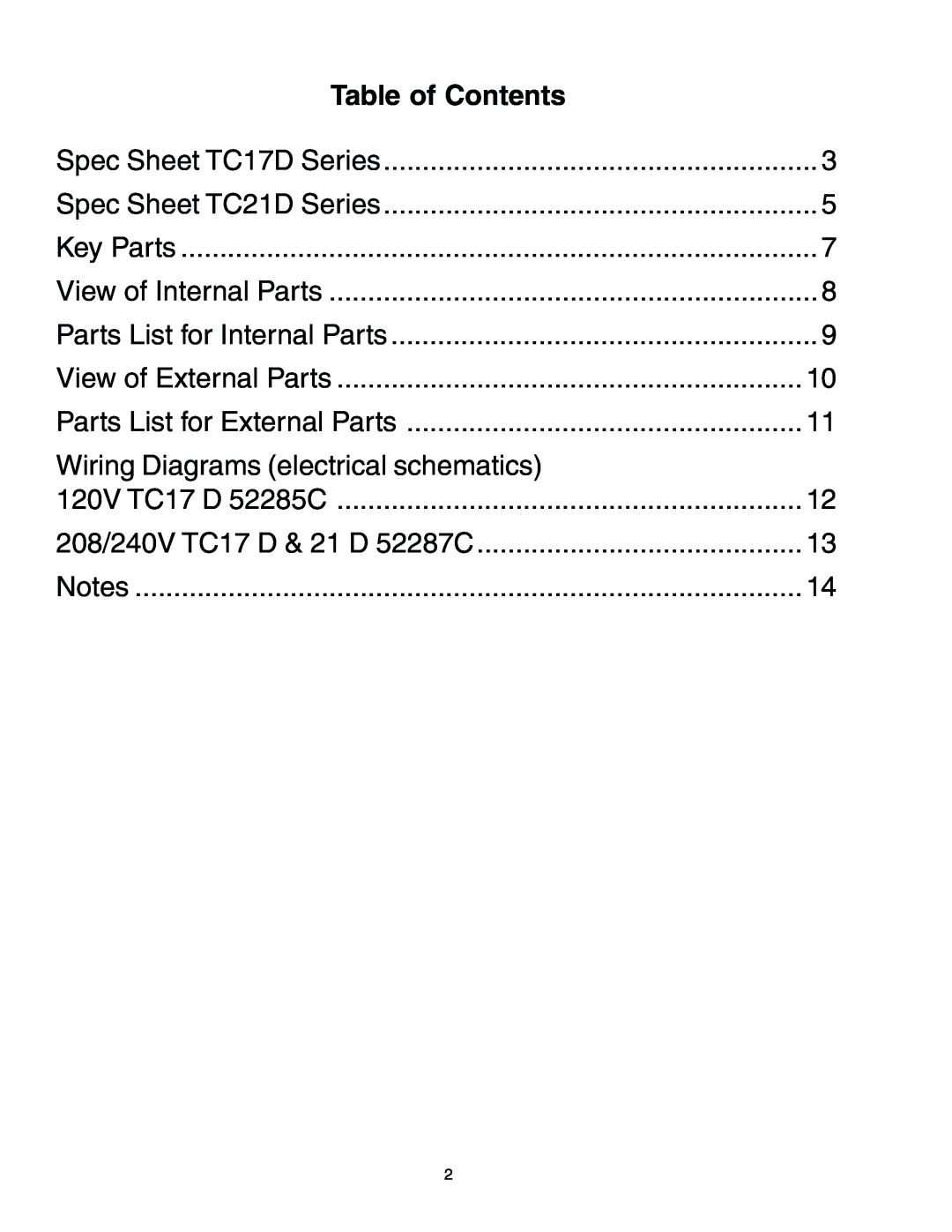 Toastmaster TC17D3 FEC 666-240V, TC21D3 FEC 663-208V manual Table of Contents, Wiring Diagrams electrical schematics 