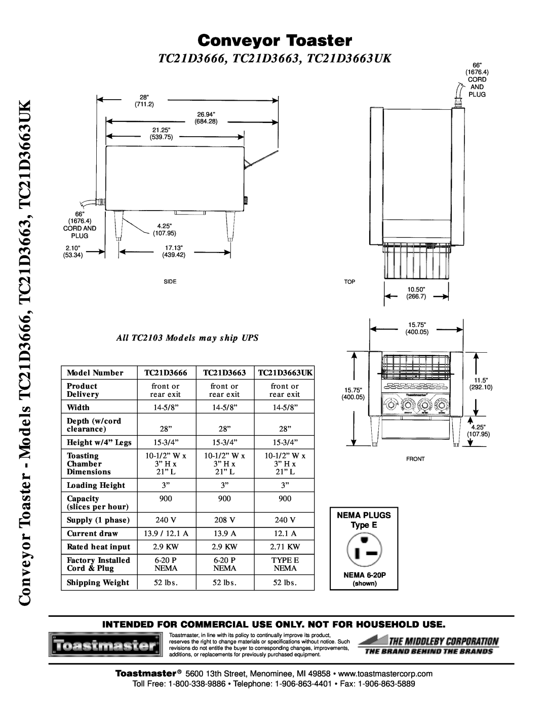 Toastmaster Conveyor Toaster - Models, TC21D3666, TC21D3663, TC21D3663UK, All TC2103 Models may ship UPS 