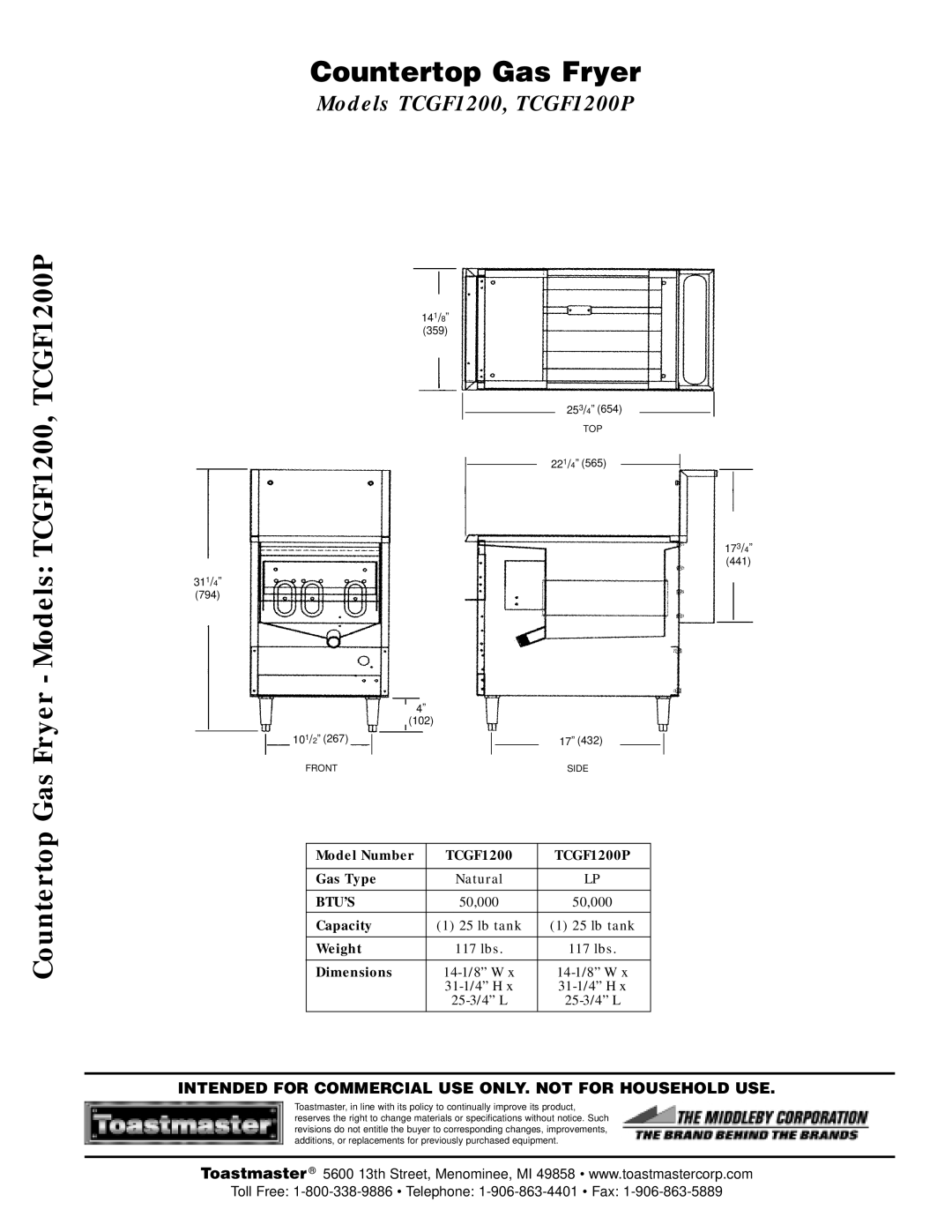 Toastmaster warranty Countertop Gas Fryer Models TCGF1200, TCGF1200P 