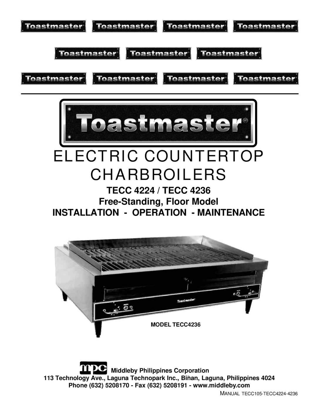 Toastmaster TECC 4224, TECC 4236 manual Electric Countertop Charbroilers, Model TECC4236 