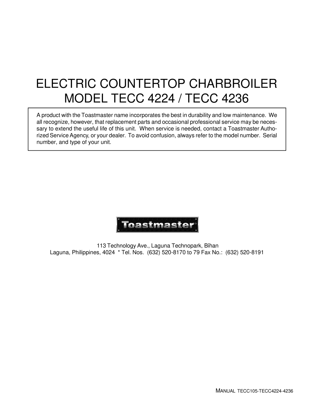 Toastmaster TECC 4224, TECC 4236 manual Electric Countertop Charbroiler 