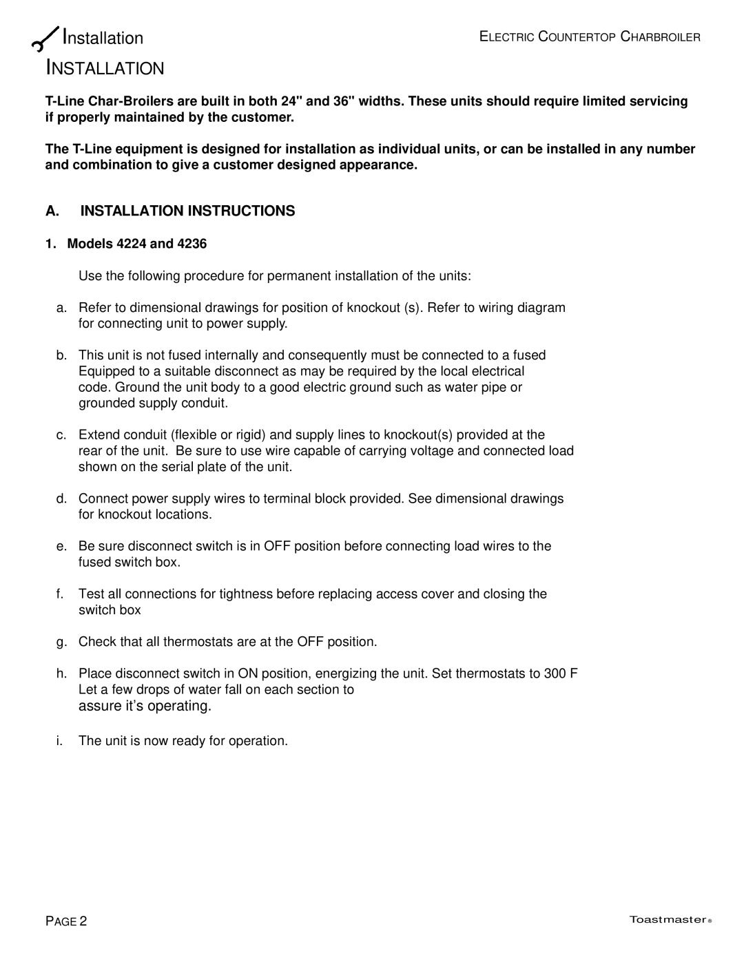 Toastmaster TECC 4236, TECC 4224 manual Installation, Models 4224 