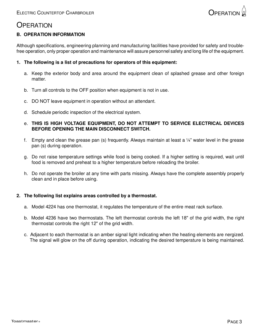 Toastmaster TECC 4224, TECC 4236 manual Operation Information, Following list explains areas controlled by a thermostat 