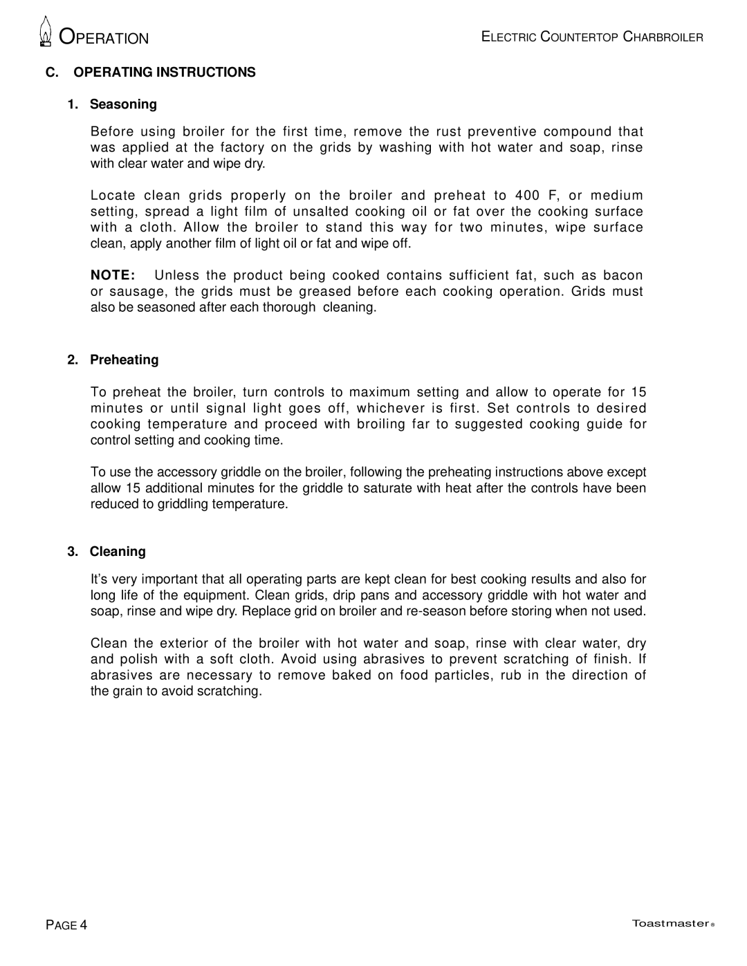 Toastmaster TECC 4236, TECC 4224 manual Operating Instructions, Seasoning, Preheating, Cleaning 