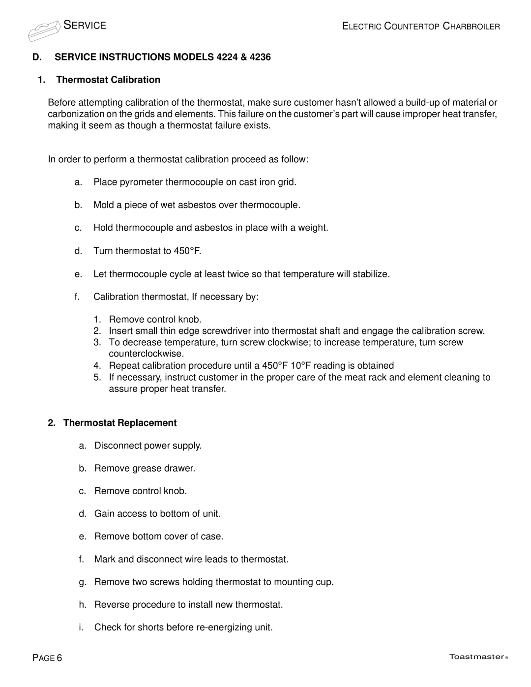 Toastmaster TECC 4236, TECC 4224 manual Service Instructions Models 4224, Thermostat Calibration, Thermostat Replacement 