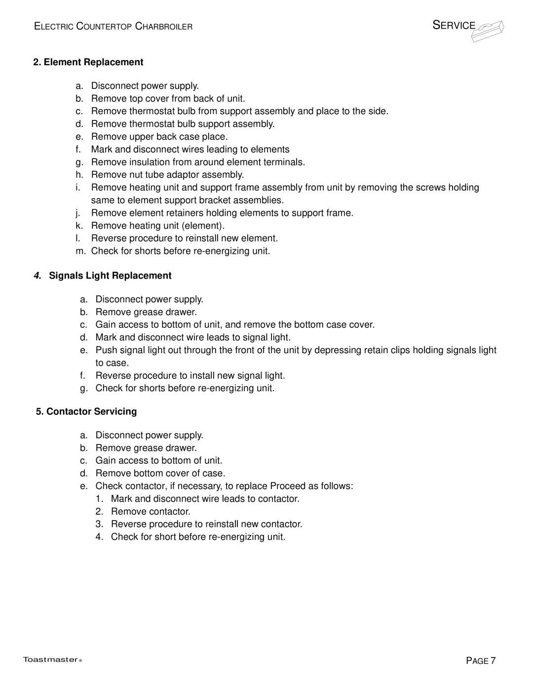 Toastmaster TECC 4224, TECC 4236 manual Element Replacement, Signals Light Replacement, Contactor Servicing 
