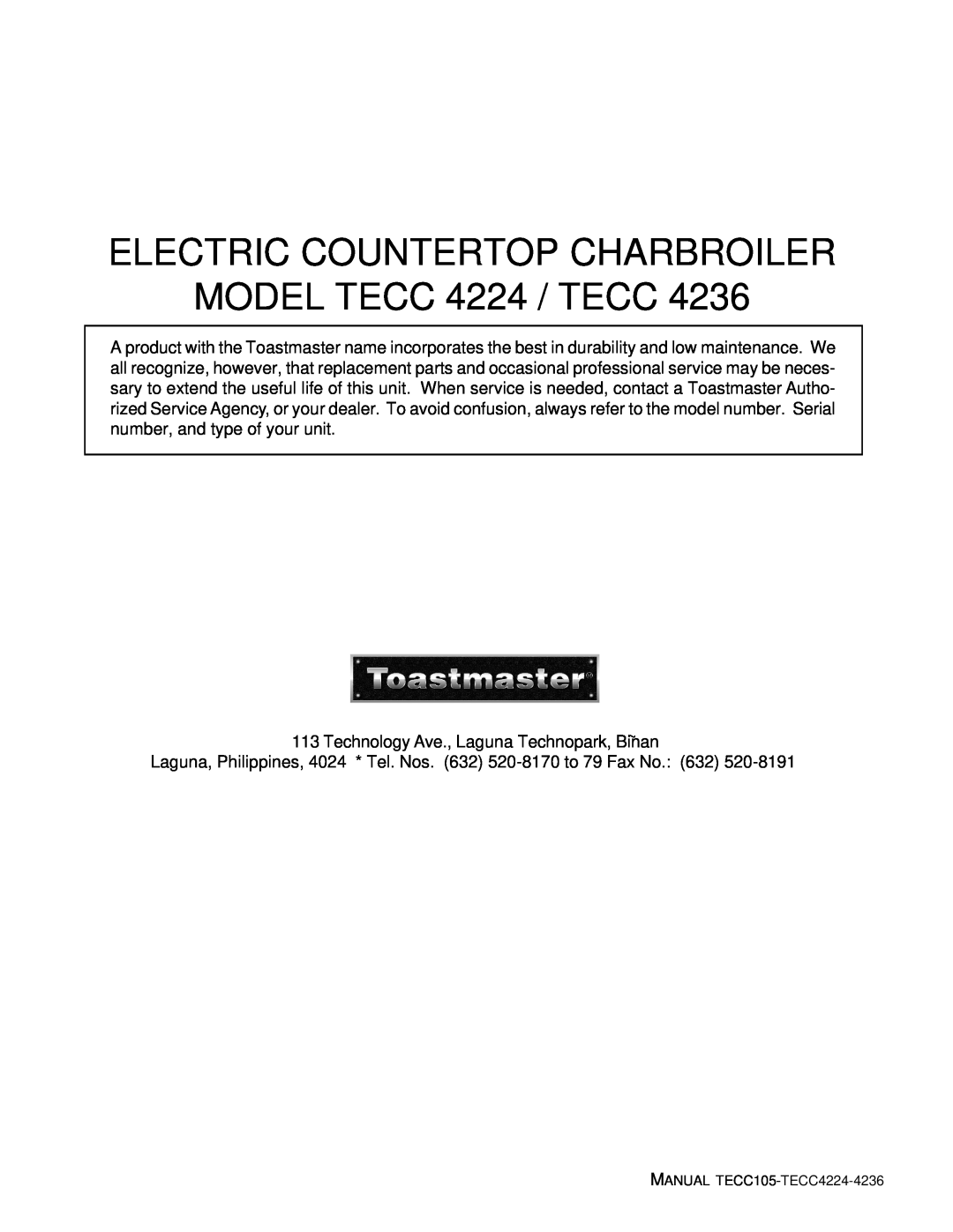 Toastmaster TECC 4236 manual ELECTRIC COUNTERTOP CHARBROILER MODEL TECC 4224 / TECC 