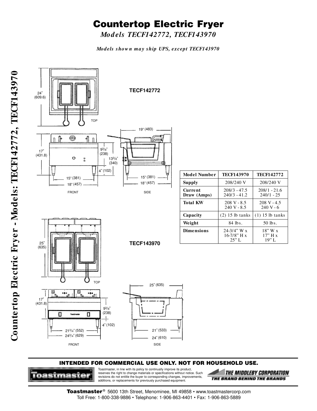 Toastmaster warranty Countertop Electric Fryer Models TECF142772, TECF143970 