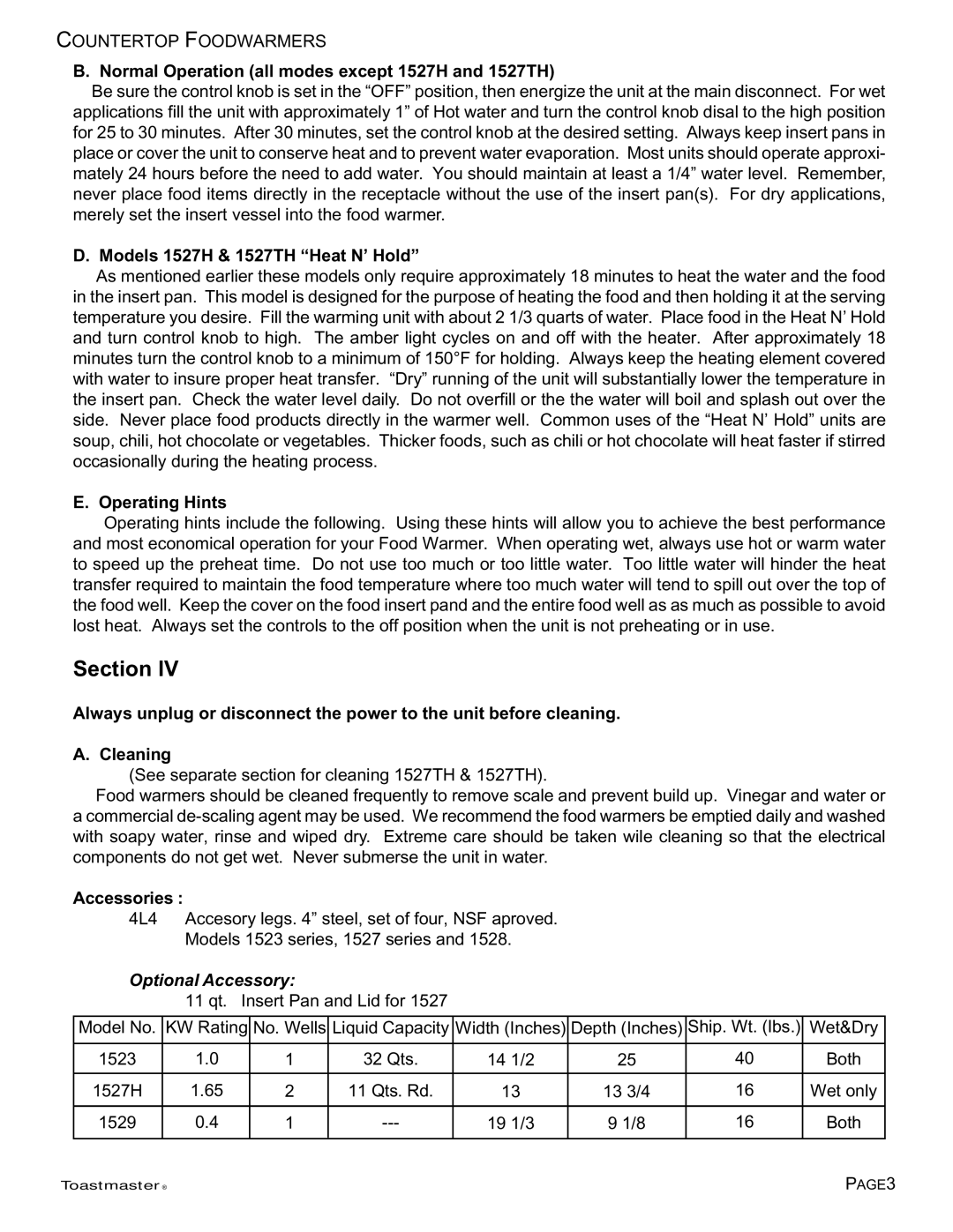 Toastmaster TECF1529 Normal Operation all modes except 1527H and 1527TH, Models 1527H & 1527TH Heat N’ Hold, Accessories 