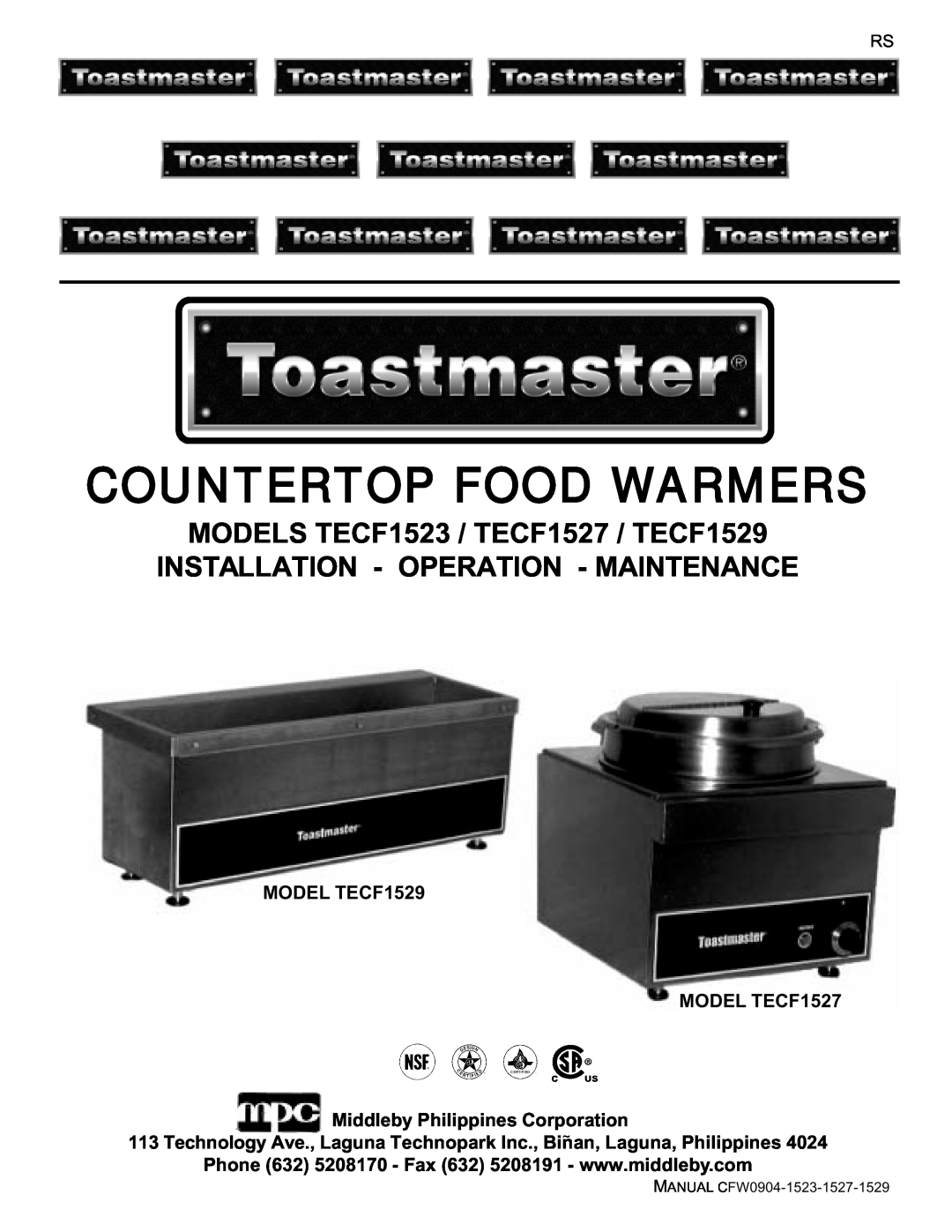 Toastmaster manual Countertop Food Warmers, MODELS TECF1523 / TECF1527 / TECF1529, MODEL TECF1529 MODEL TECF1527 