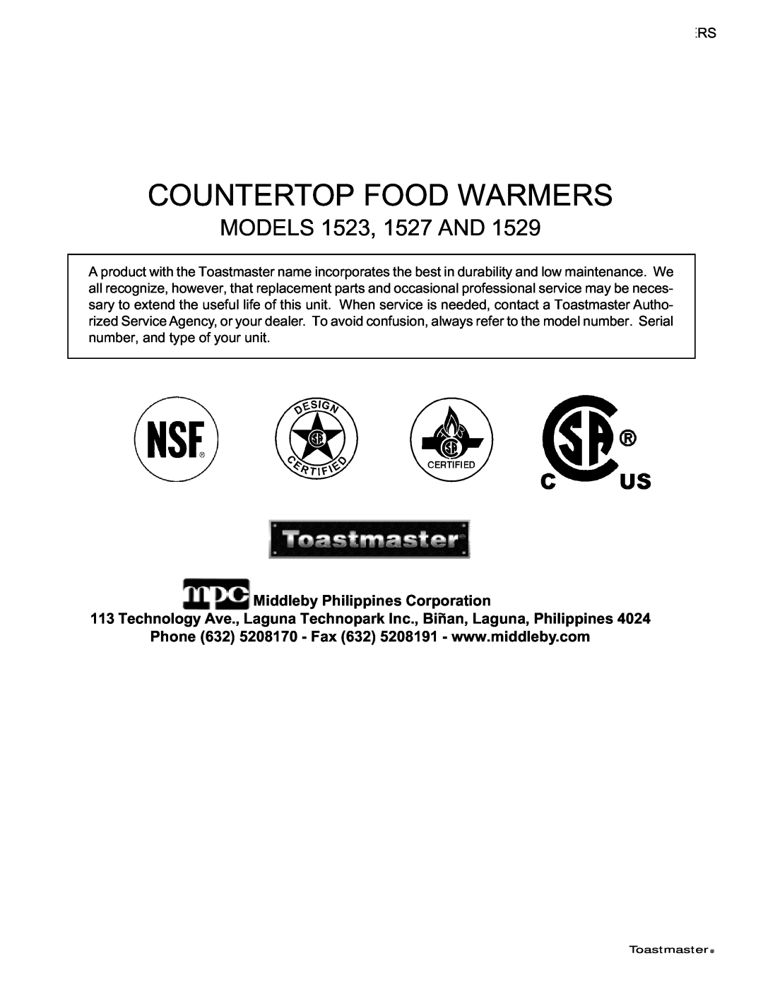 Toastmaster TECF1527, TECF1529, TECF1523 Countertop Food Warmers, MODELS 1523, 1527 AND, Middleby Philippines Corporation 