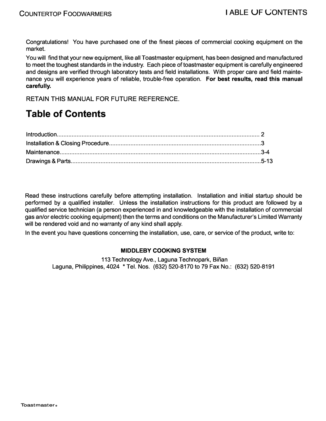 Toastmaster TECF1523, TECF1527, TECF1529 manual Table of Contents, Middleby Cooking System, Table Of Contents 