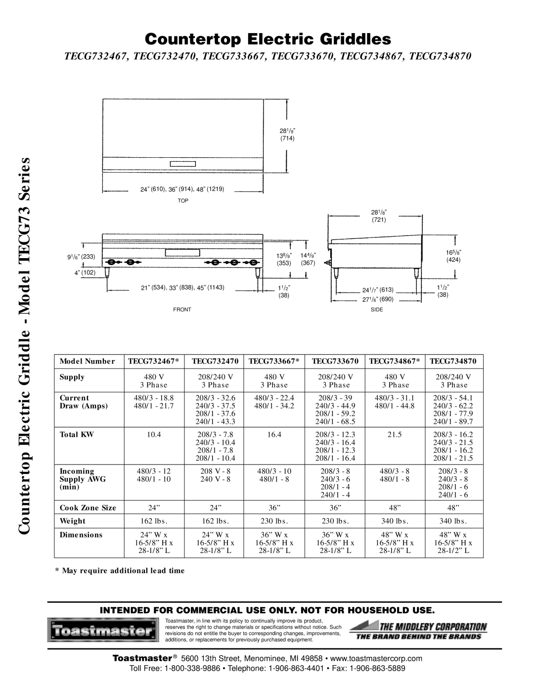 Toastmaster TECG734870, TECG733670, TECG732470, TECG732467, TECG734867 warranty Countertop Electric Griddle Model TECG73 Series 