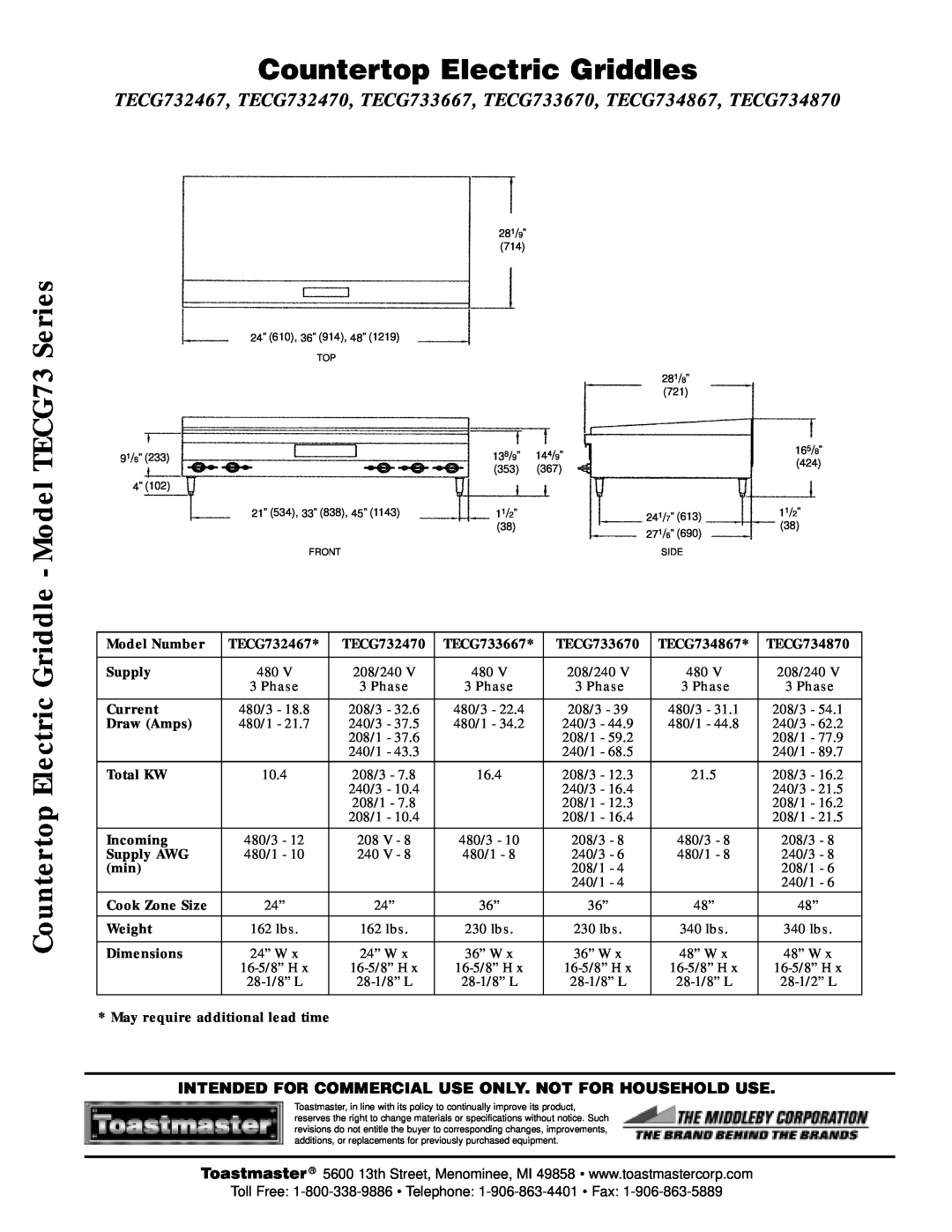 Toastmaster TECG734870, TECG733670 warranty Countertop Electric Griddles, Countertop Electric Griddle - Model TECG73 Series 