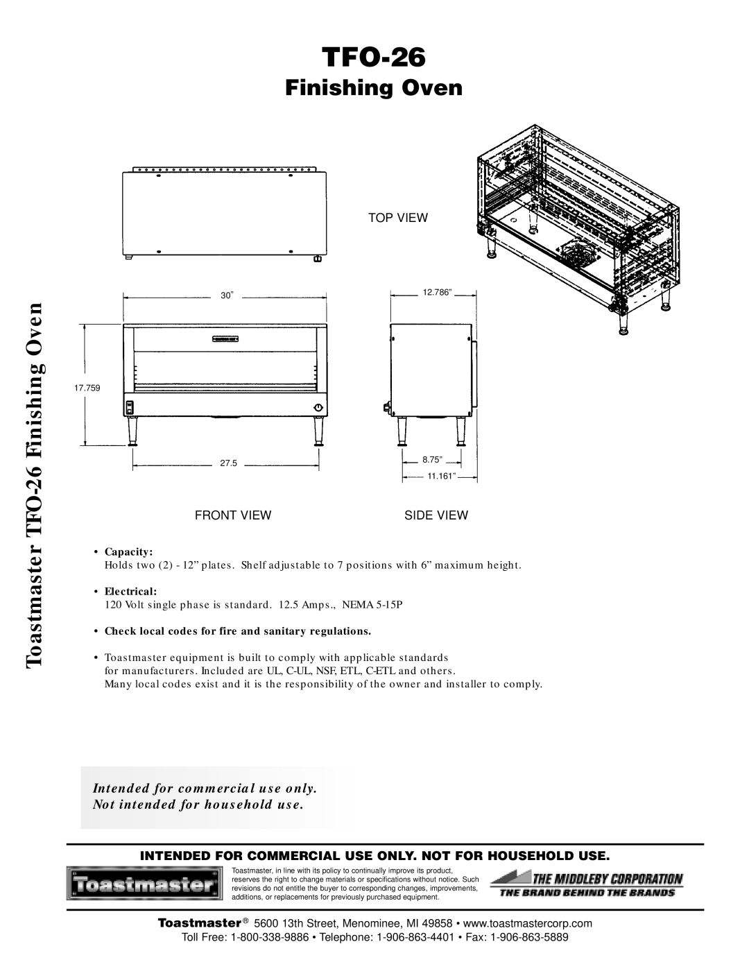 Toastmaster TFO-26 specifications 