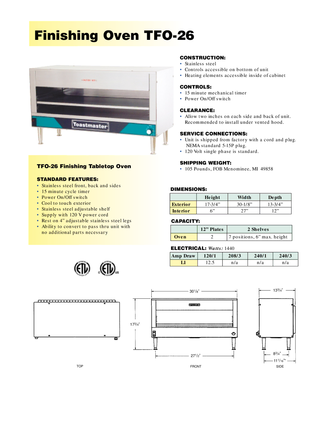 Toastmaster TFO-26 specifications Finishing Oven TFO 