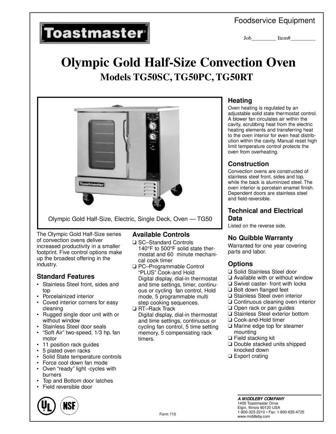 Toastmaster TG50SC warranty Heating, Construction, Technical and Electrical Data, Standard Features, Available Controls 