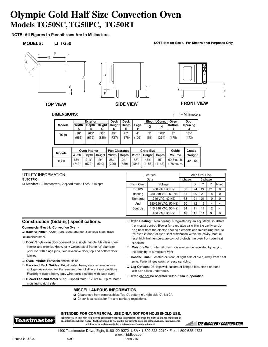 Toastmaster TG50PC, TG50RT, TG50SC warranty Dimensions, Miscellaneous Information 