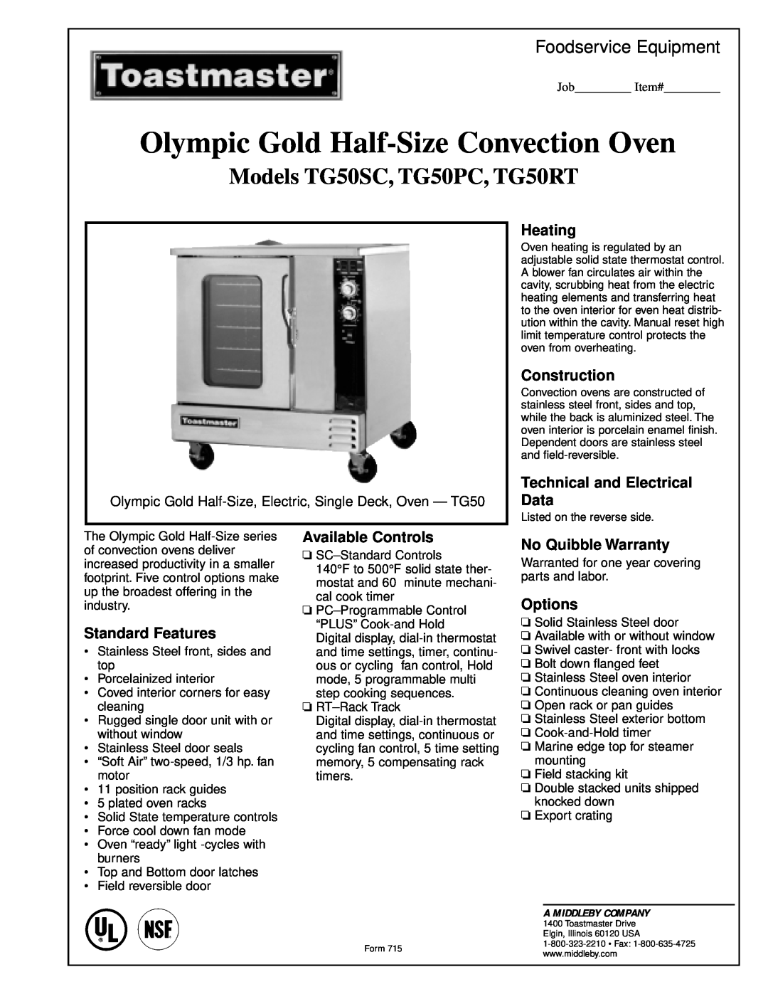 Toastmaster warranty Models TG50SC, TG50PC, TG50RT, Olympic Gold Half-SizeConvection Oven, Foodservice Equipment 