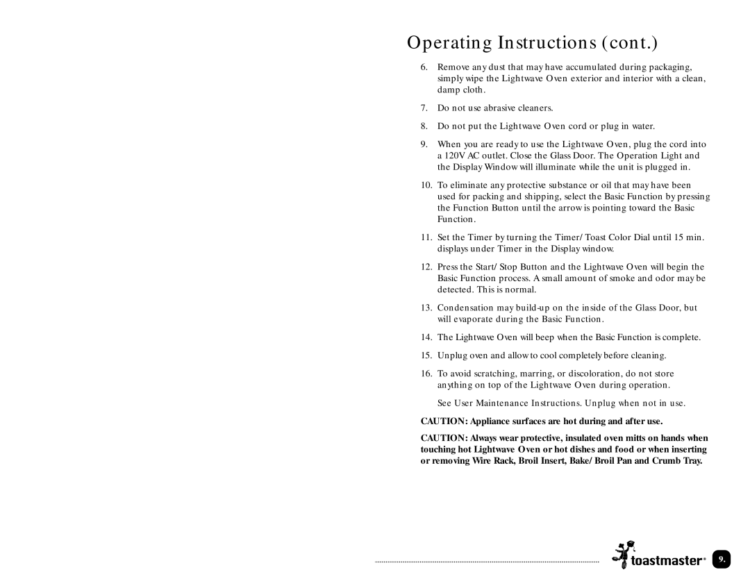 Toastmaster TLWTOB6CAN manual Operating Instructions 