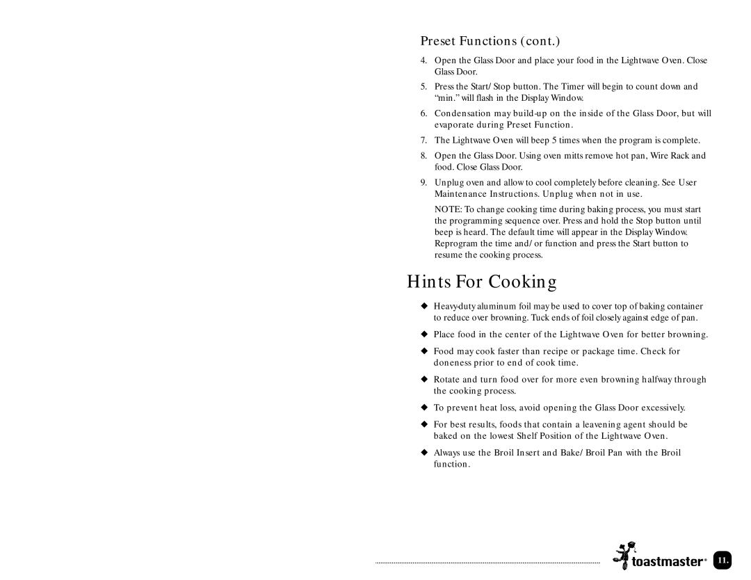 Toastmaster TLWTOB6CAN manual Hints For Cooking 