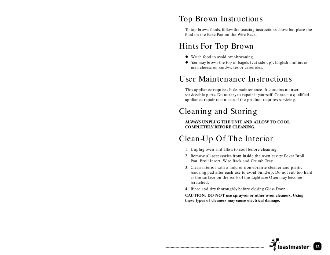 Toastmaster TLWTOB6CAN manual User Maintenance Instructions, Cleaning and Storing, Clean-Up Of The Interior 