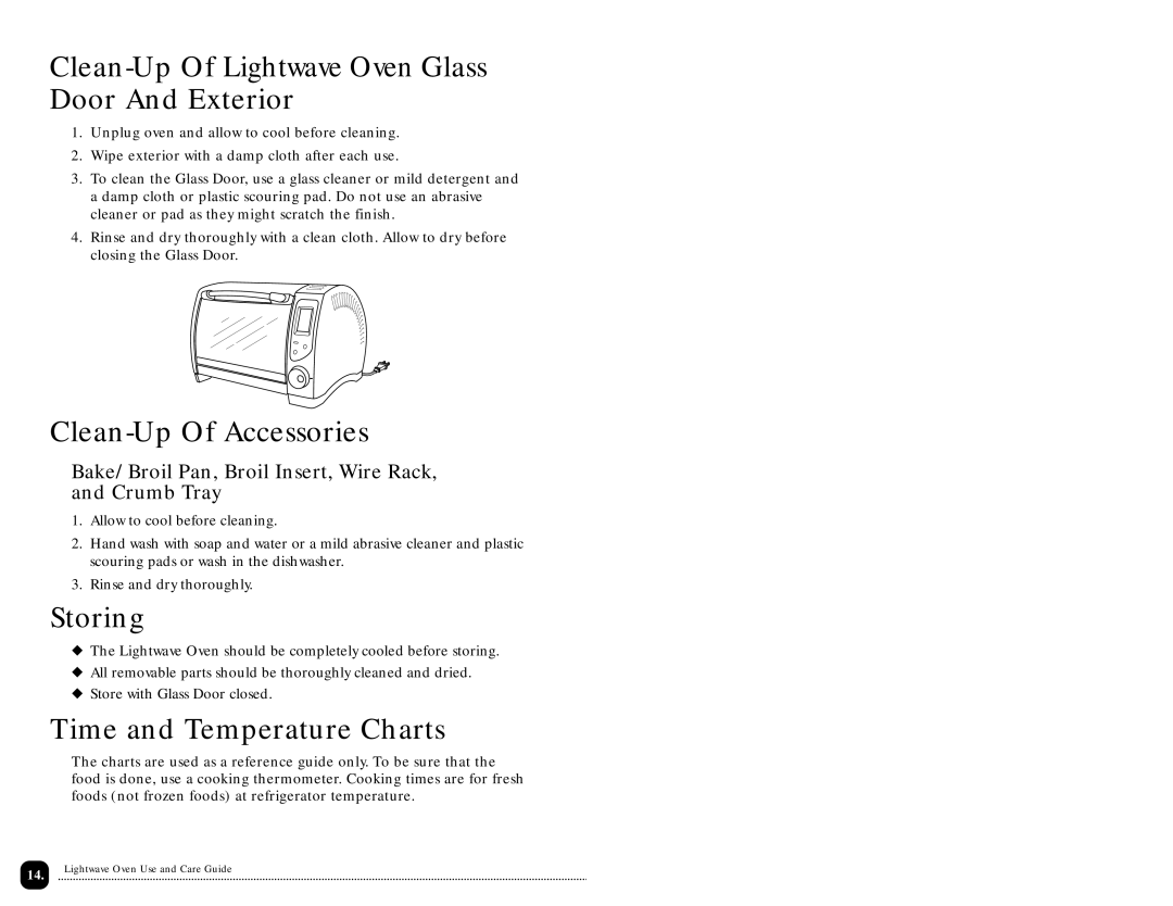 Toastmaster TLWTOB6CAN manual Clean-Up Of Lightwave Oven Glass Door And Exterior, Clean-Up Of Accessories, Storing 