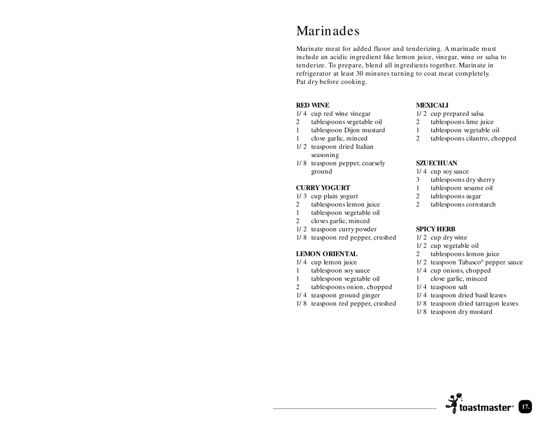 Toastmaster TLWTOB6CAN manual Marinades 