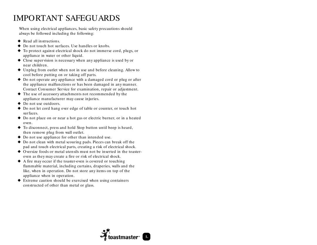 Toastmaster TLWTOB6CAN manual Important Safeguards 