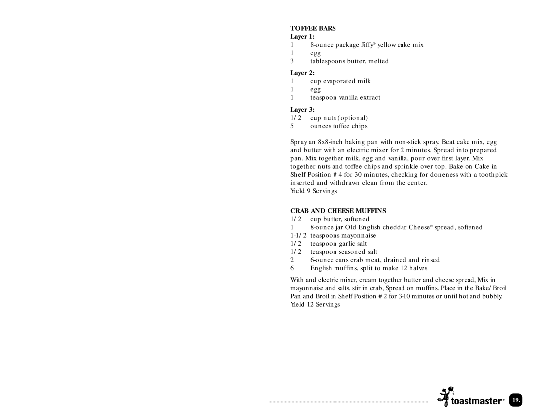 Toastmaster TLWTOB6CAN manual Toffee Bars, Crab and Cheese Muffins 