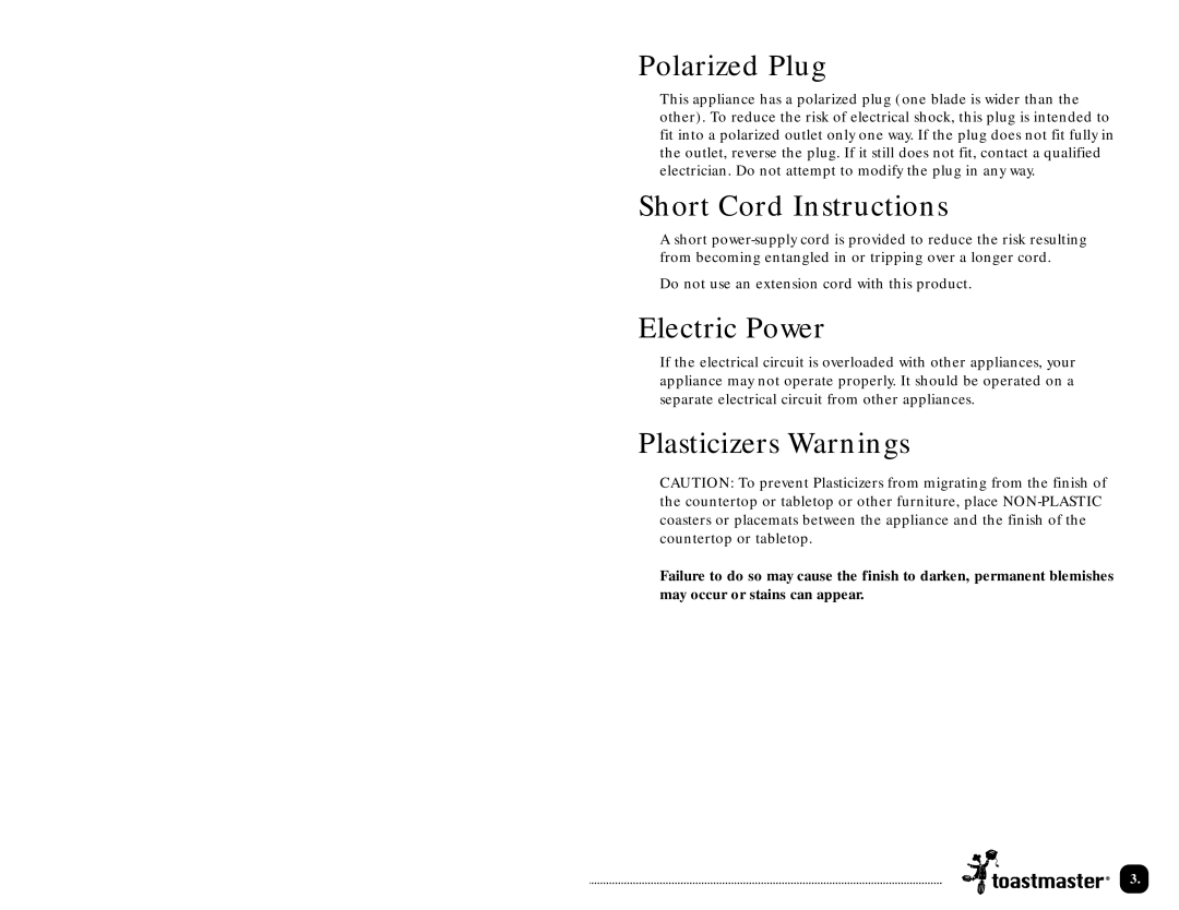 Toastmaster TLWTOB6CAN manual Polarized Plug, Short Cord Instructions, Electric Power, Plasticizers Warnings 