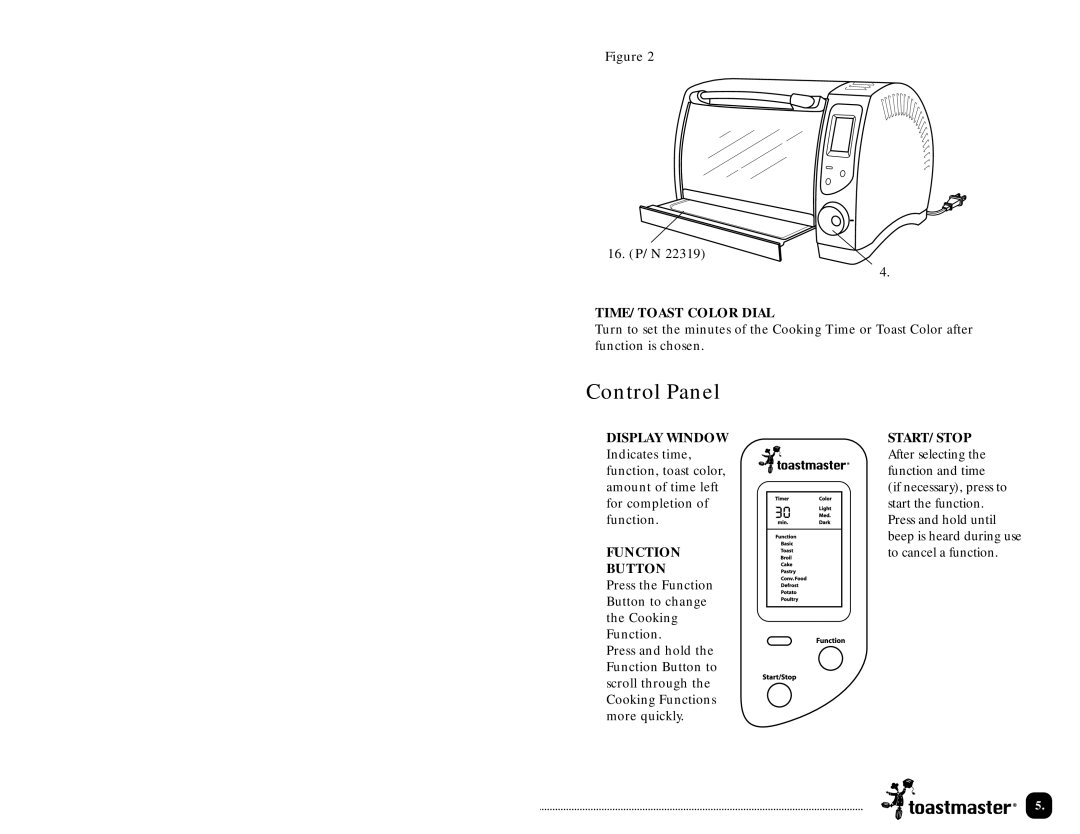 Toastmaster TLWTOB6CAN manual TIME/TOAST Color Dial, Display Window, Function Button, Start/Stop 