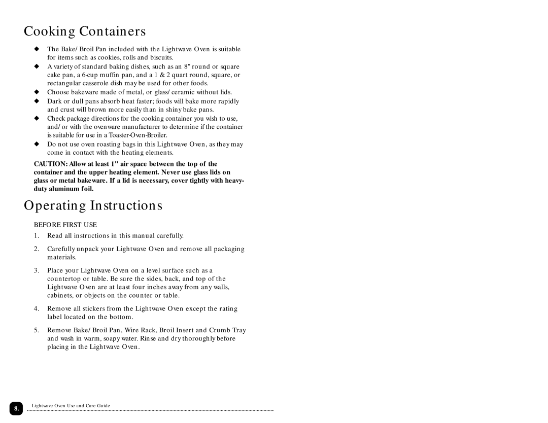 Toastmaster TLWTOB6CAN manual Cooking Containers, Operating Instructions 